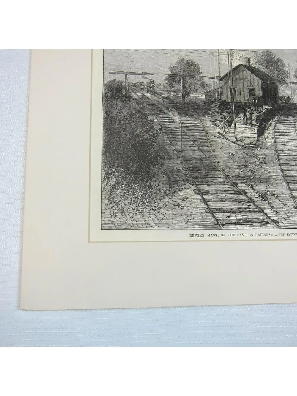 Antique 1871 Wood Engraved Print Revere Massachusetts Railroad Train Wreck Scene